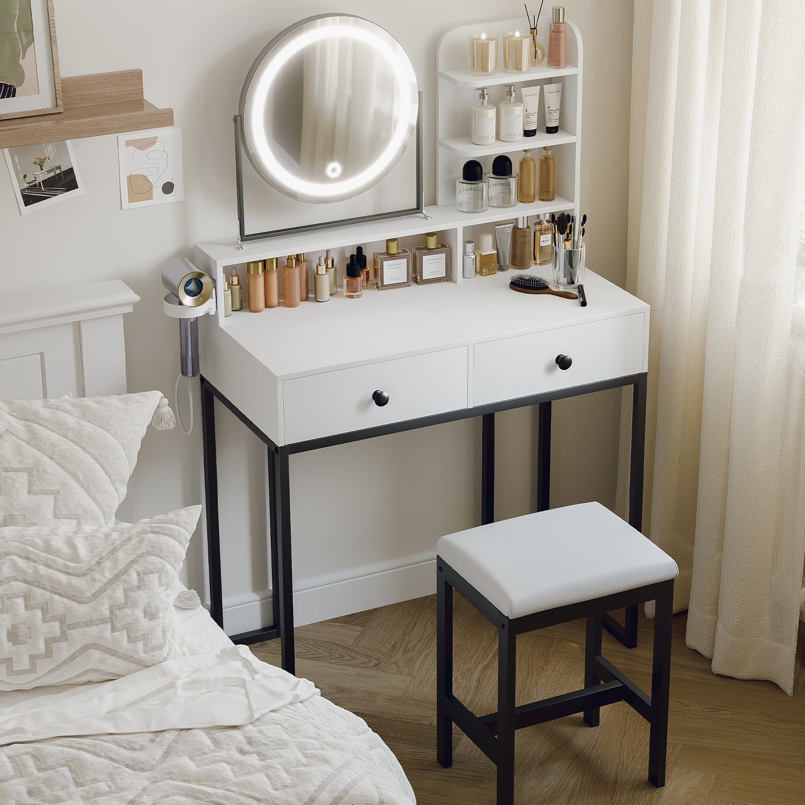 Small Vanity Desk with Mirror for Bedroom: Compact Makeup Table Set with Lights - 31.5 inch White Dresser Vanities with Chair for Girls