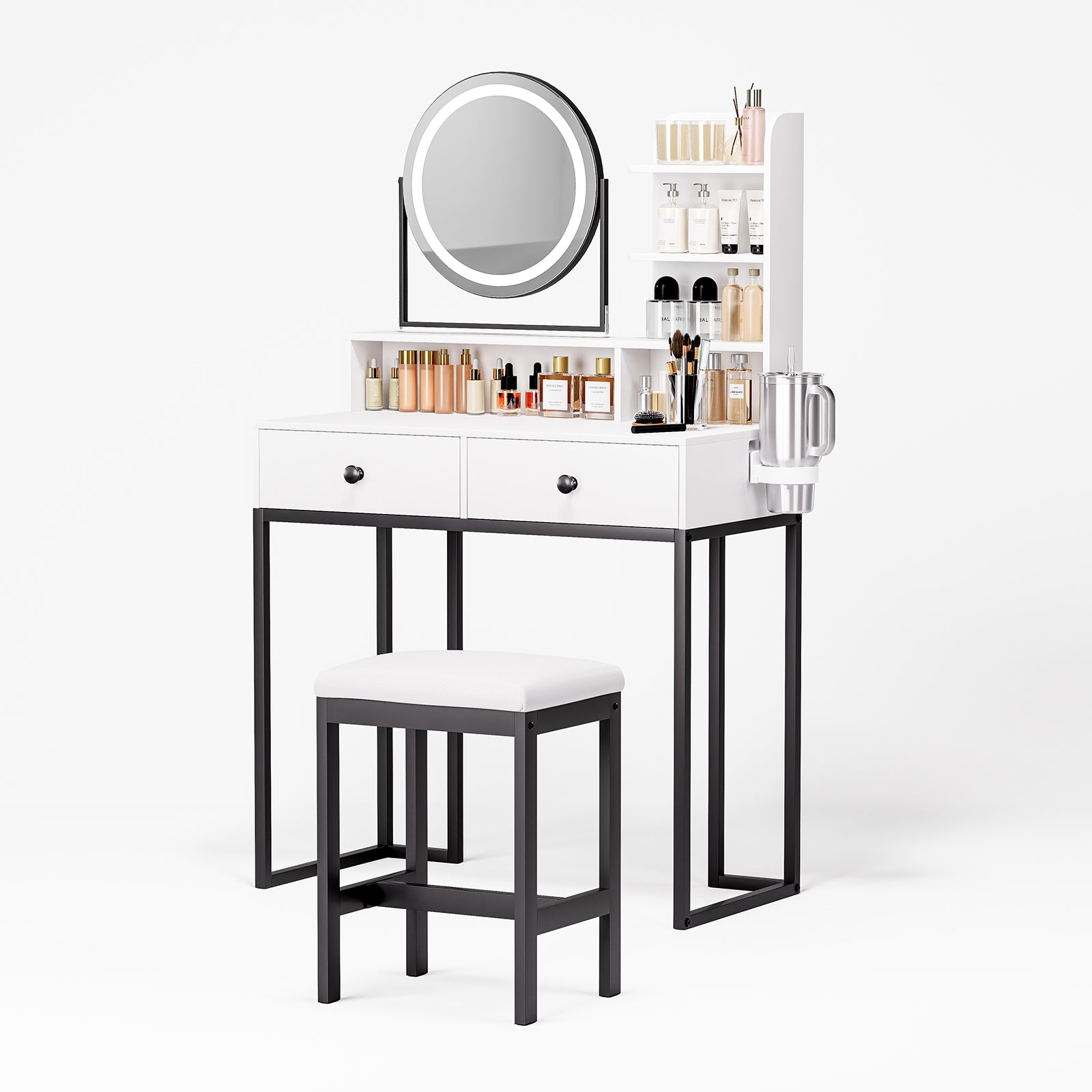 Small Vanity Desk with Mirror for Bedroom: Compact Makeup Table Set with Lights - 31.5 inch White Dresser Vanities with Chair for Girls