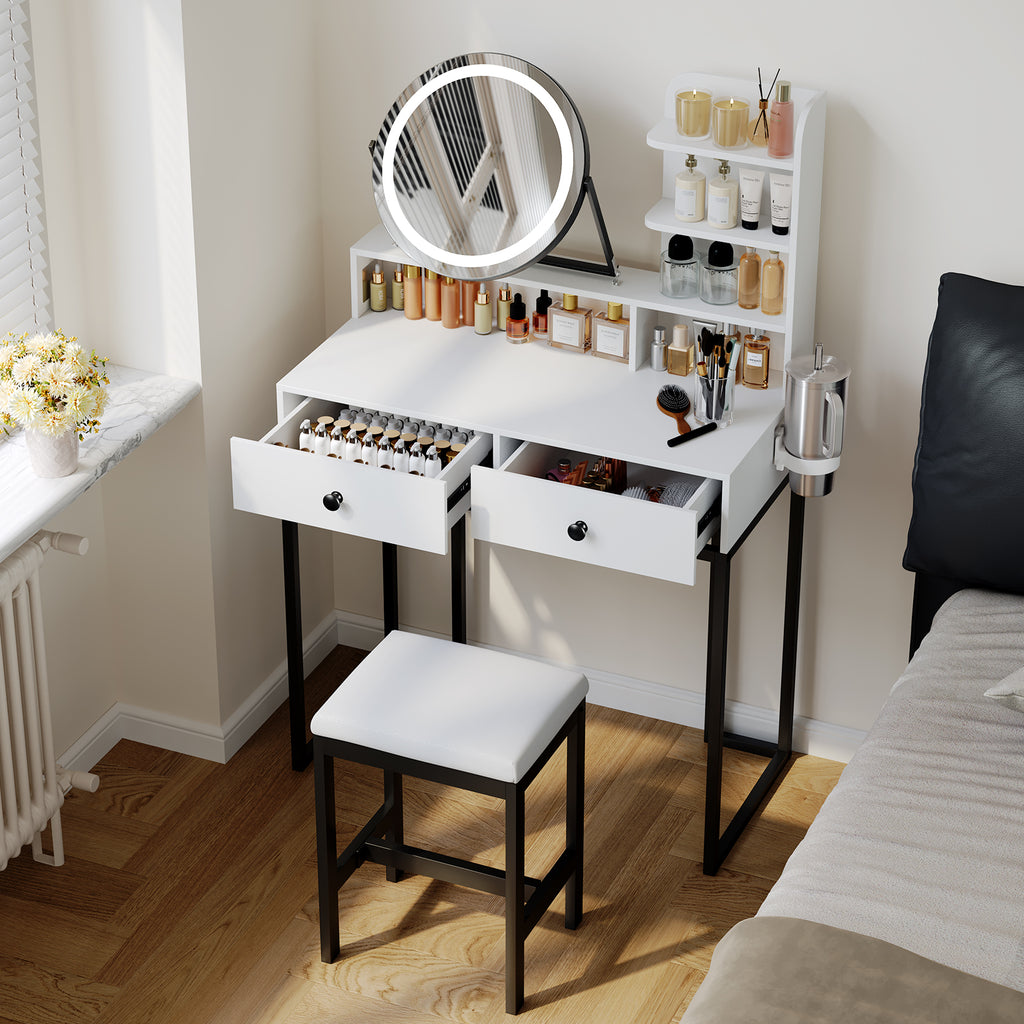 Small Vanity Desk with Mirror for Bedroom: Compact Makeup Table Set with Lights - 31.5 inch White Dresser Vanities with Chair for Girls