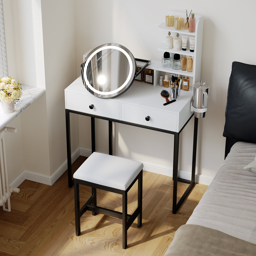 Small Vanity Desk with Mirror for Bedroom: Compact Makeup Table Set with Lights - 31.5 inch White Dresser Vanities with Chair for Girls