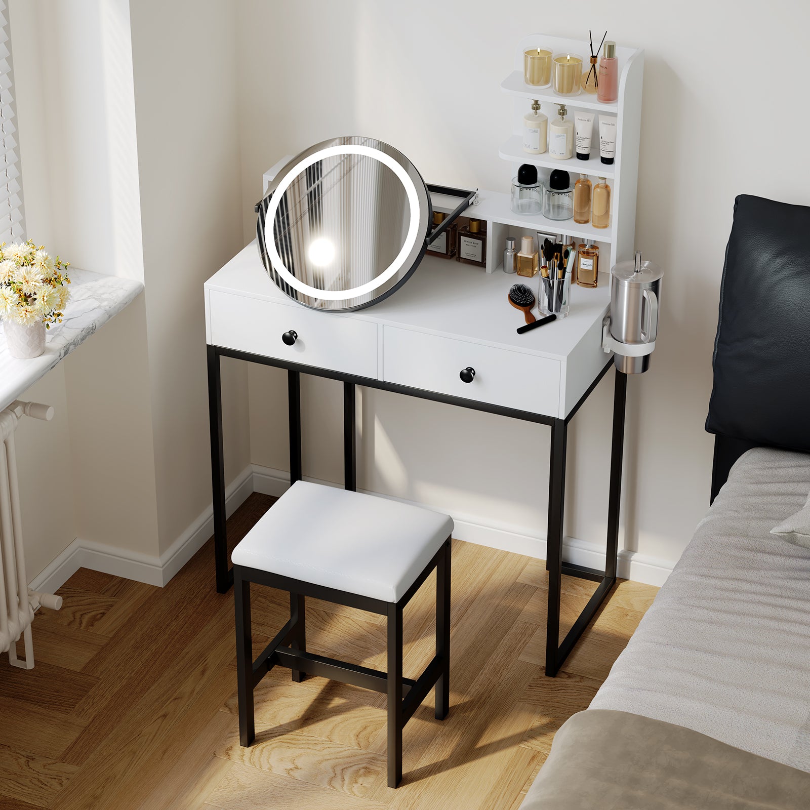 Small Vanity Desk with Mirror for Bedroom: Compact Makeup Table Set with Lights - 31.5 inch White Dresser Vanities with Chair for Girls
