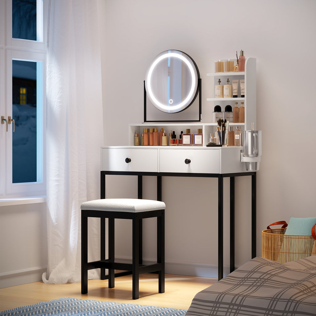 Small Vanity Desk with Mirror for Bedroom: Compact Makeup Table Set with Lights - 31.5 inch White Dresser Vanities with Chair for Girls