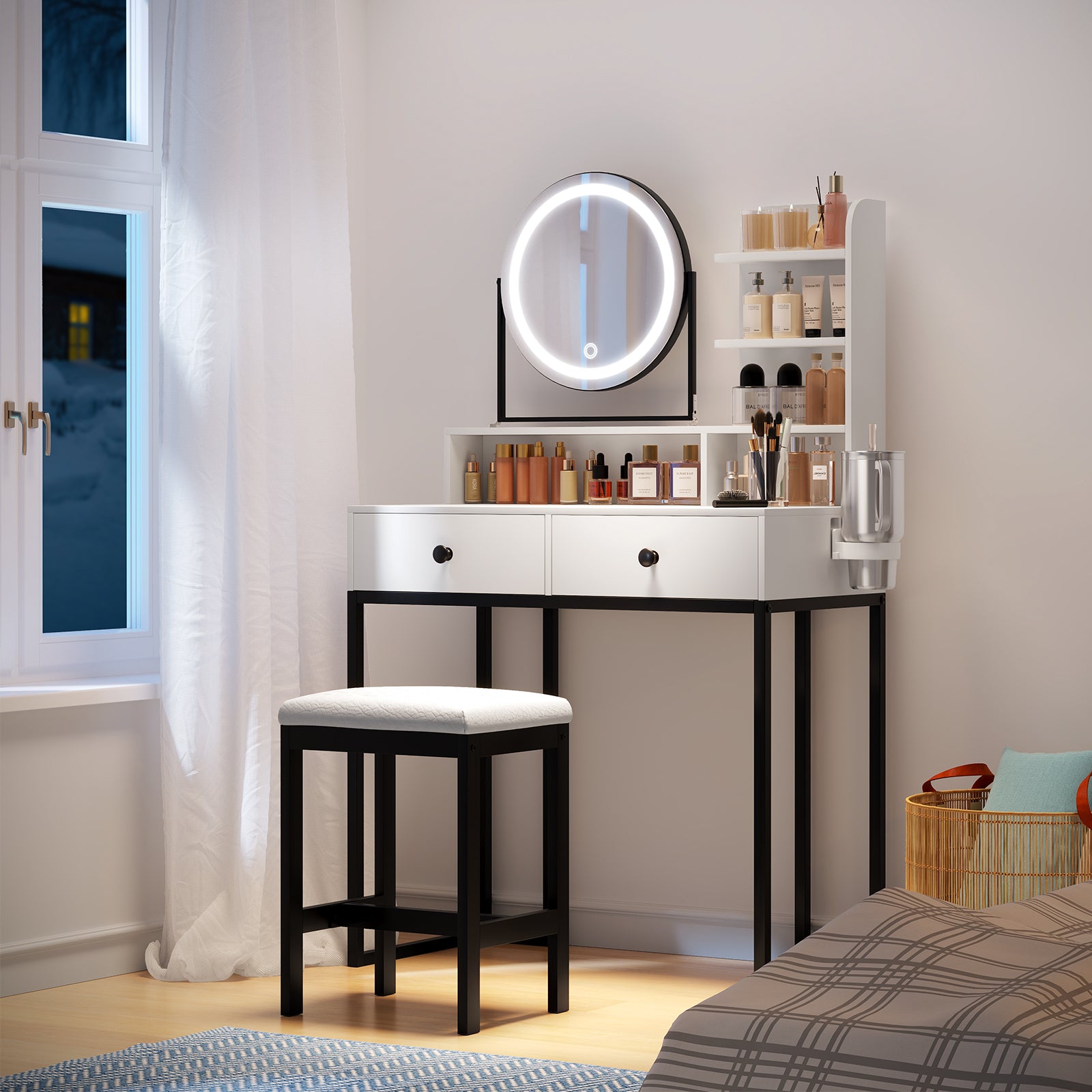 Small Vanity Desk with Mirror for Bedroom: Compact Makeup Table Set with Lights - 31.5 inch White Dresser Vanities with Chair for Girls