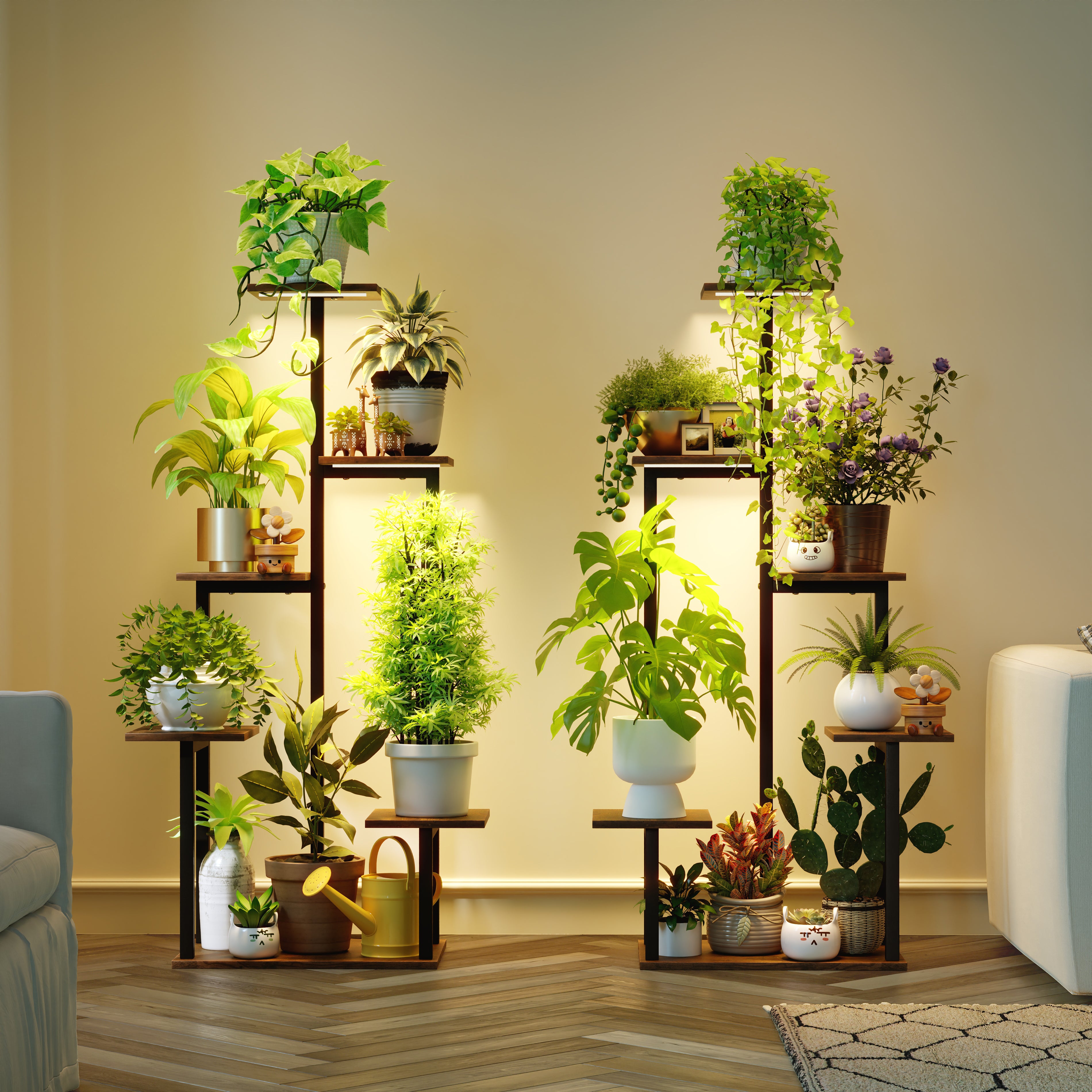 Plant Stand Indoor with Grow Lights - Tiered Corner Shelf Small Metal Lighted Flower Rack Multiple