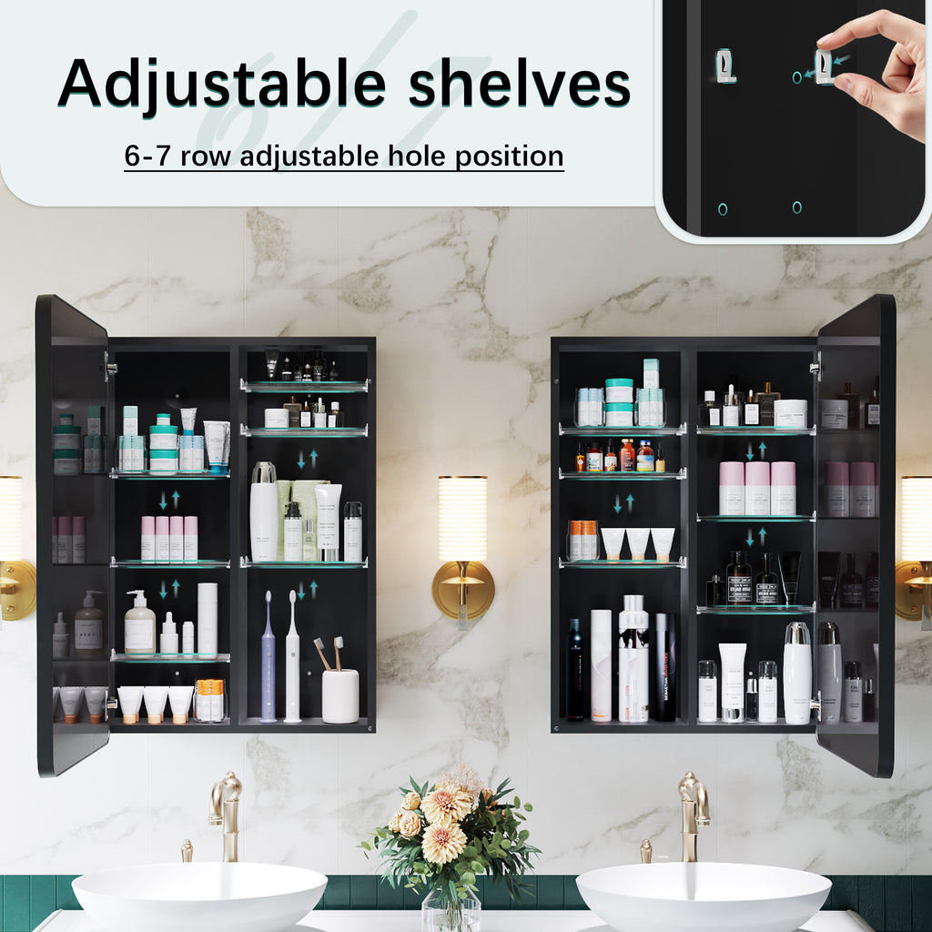 MemoCastle Recessed Medicine Cabinets for Bathroom with Mirror: 16x24 Wall Mount Mirrored Vanity Chest - 16 x 24 inch Small Storage Cabinet with Adjustable Shelves - Matte Black Frame