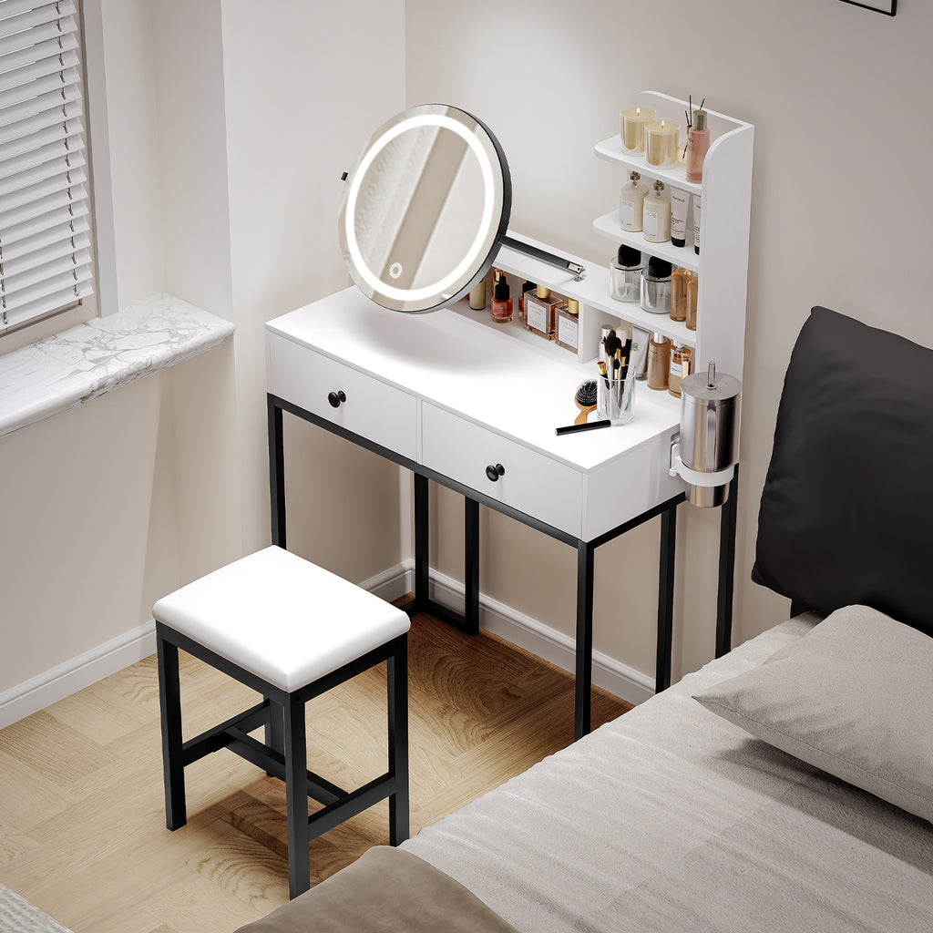 Small Vanity Desk with Mirror for Bedroom: Compact Makeup Table Set with Lights - 31.5 inch White Dresser Vanities with Chair for Girls