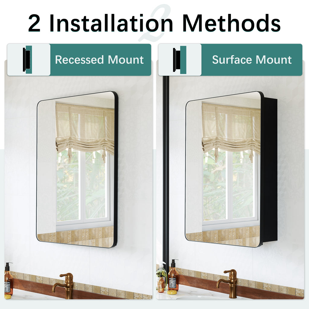 MemoCastle Recessed Medicine Cabinets for Bathroom with Mirror: 16x24 Wall Mount Mirrored Vanity Chest - 16 x 24 inch Small Storage Cabinet with Adjustable Shelves - Matte Black Frame