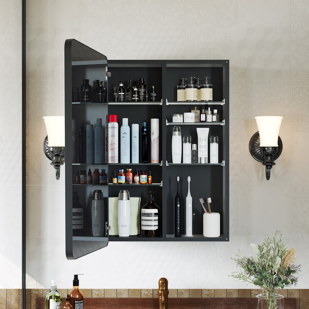 MemoCastle Recessed Medicine Cabinets for Bathroom with Mirror: 16x24 Wall Mount Mirrored Vanity Chest - 16 x 24 inch Small Storage Cabinet with Adjustable Shelves - Matte Black Frame