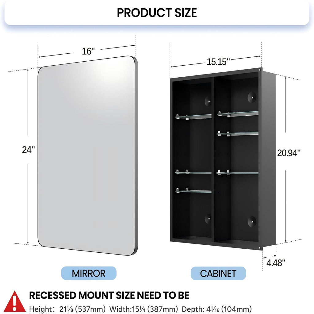MemoCastle Recessed Medicine Cabinets for Bathroom with Mirror: 16x24 Wall Mount Mirrored Vanity Chest - 16 x 24 inch Small Storage Cabinet with Adjustable Shelves - Matte Black Frame