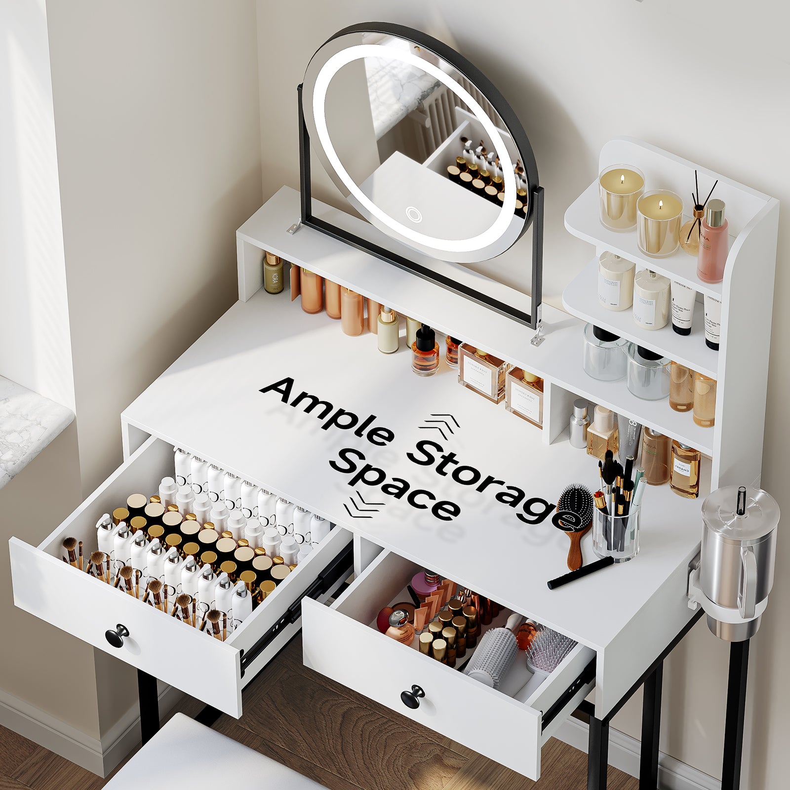 Small Vanity Desk with Mirror for Bedroom: Compact Makeup Table Set with Lights - 31.5 inch White Dresser Vanities with Chair for Girls