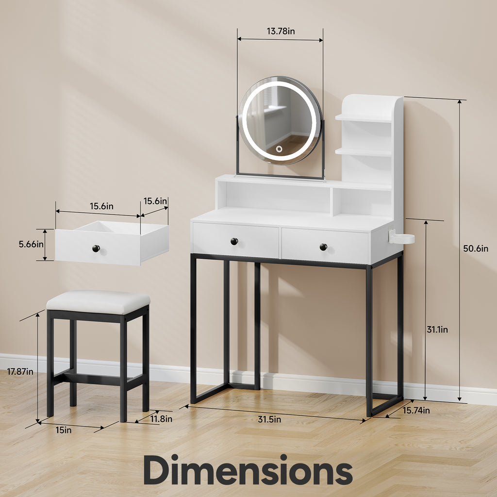 Small Vanity Desk with Mirror for Bedroom: Compact Makeup Table Set with Lights - 31.5 inch White Dresser Vanities with Chair for Girls